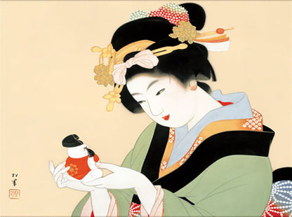 ミニ掛け軸　名画複製画　上村松園　御所人形