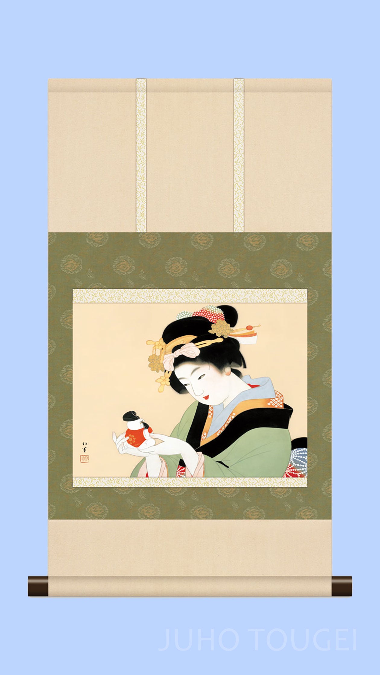 ミニ掛け軸　名画複製画　上村松園　御所人形