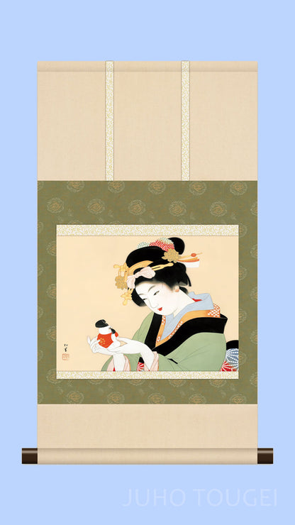 ミニ掛け軸　名画複製画　上村松園　御所人形