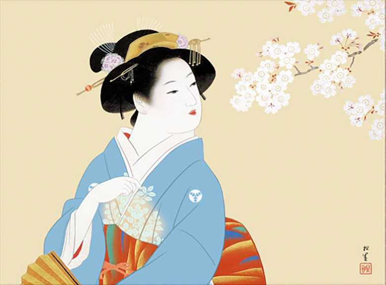 ミニ掛け軸　名画複製画　上村松園　花下美人