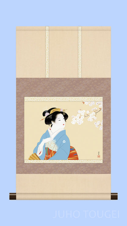 ミニ掛け軸　名画複製画　上村松園　花下美人