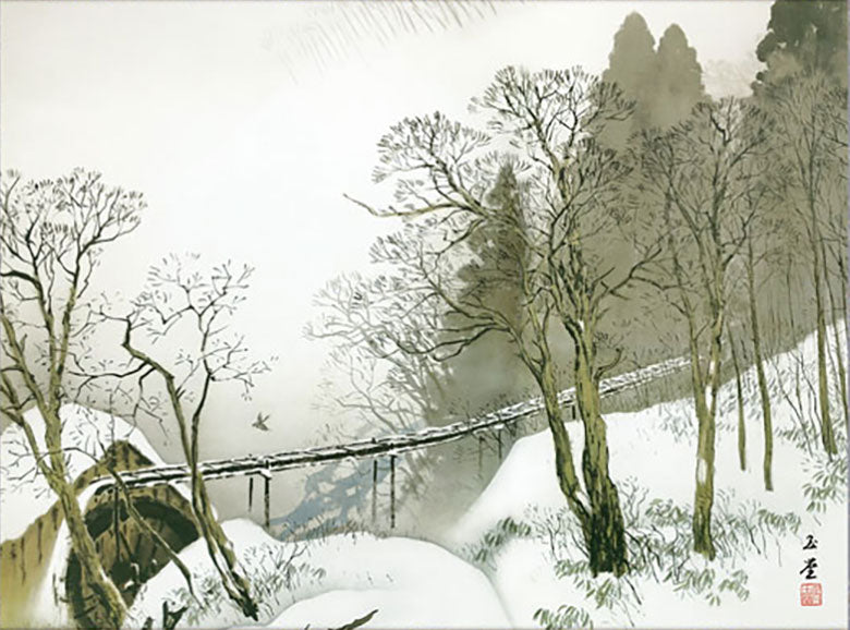 ミニ掛け軸　名画複製画　川合玉堂　雪中水車