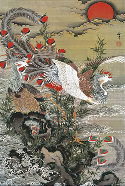 ミニ掛け軸　名画複製画　伊藤若冲　旭日鳳凰図