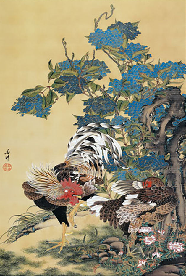 Ito Jakuchu « Hortensia et deux coqs » - Mini Kakemono | Reproduction d'Art