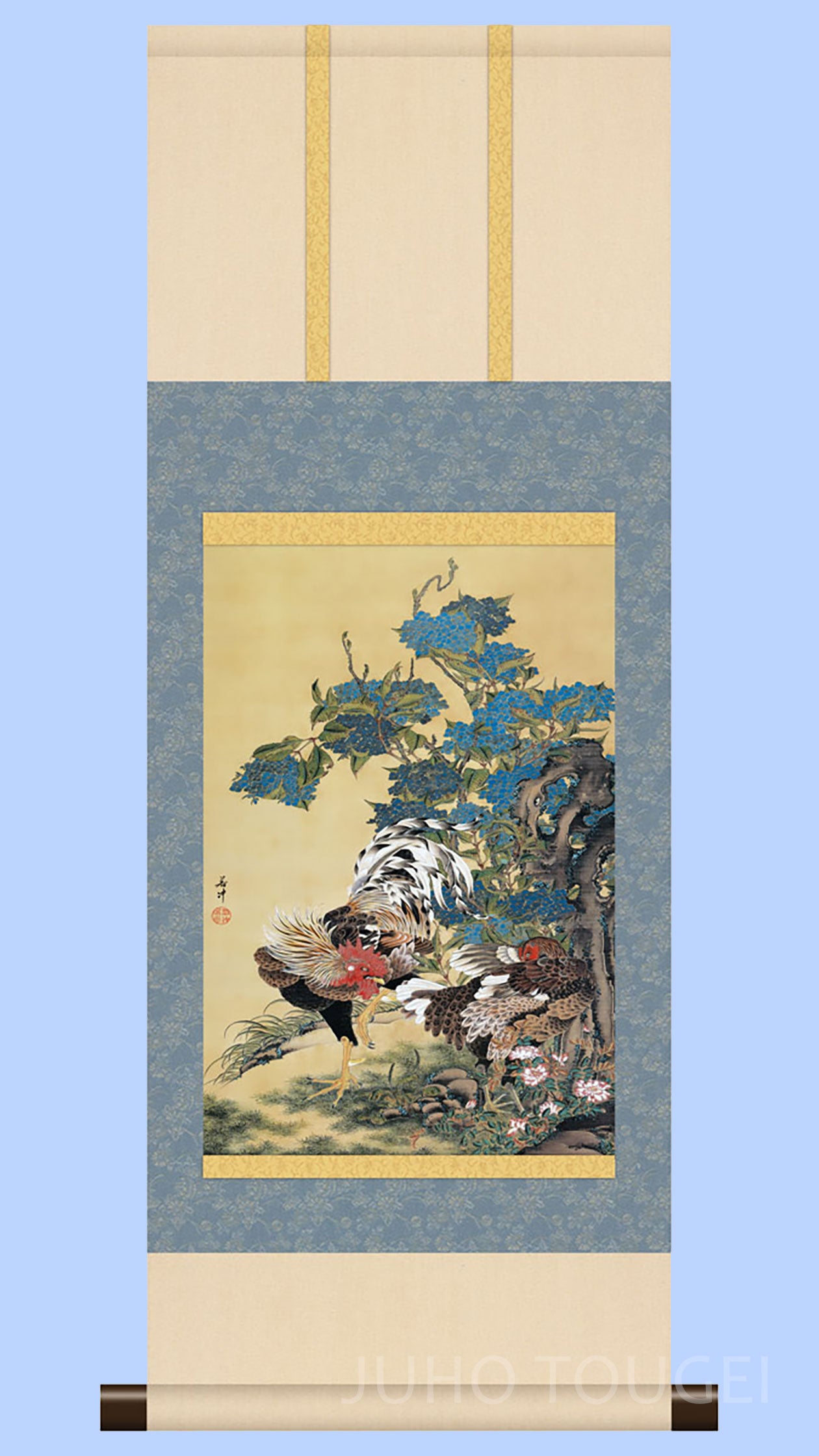 Ito Jakuchu « Hortensia et deux coqs » - Mini Kakemono | Reproduction d'Art