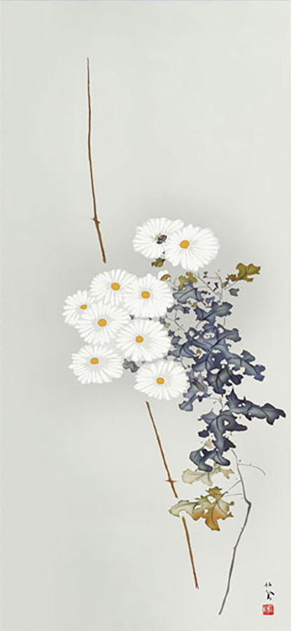 Takeuchi Seihō "White Chrysanthemums" Mini Hanging Scroll | Masterpiece Art Print
