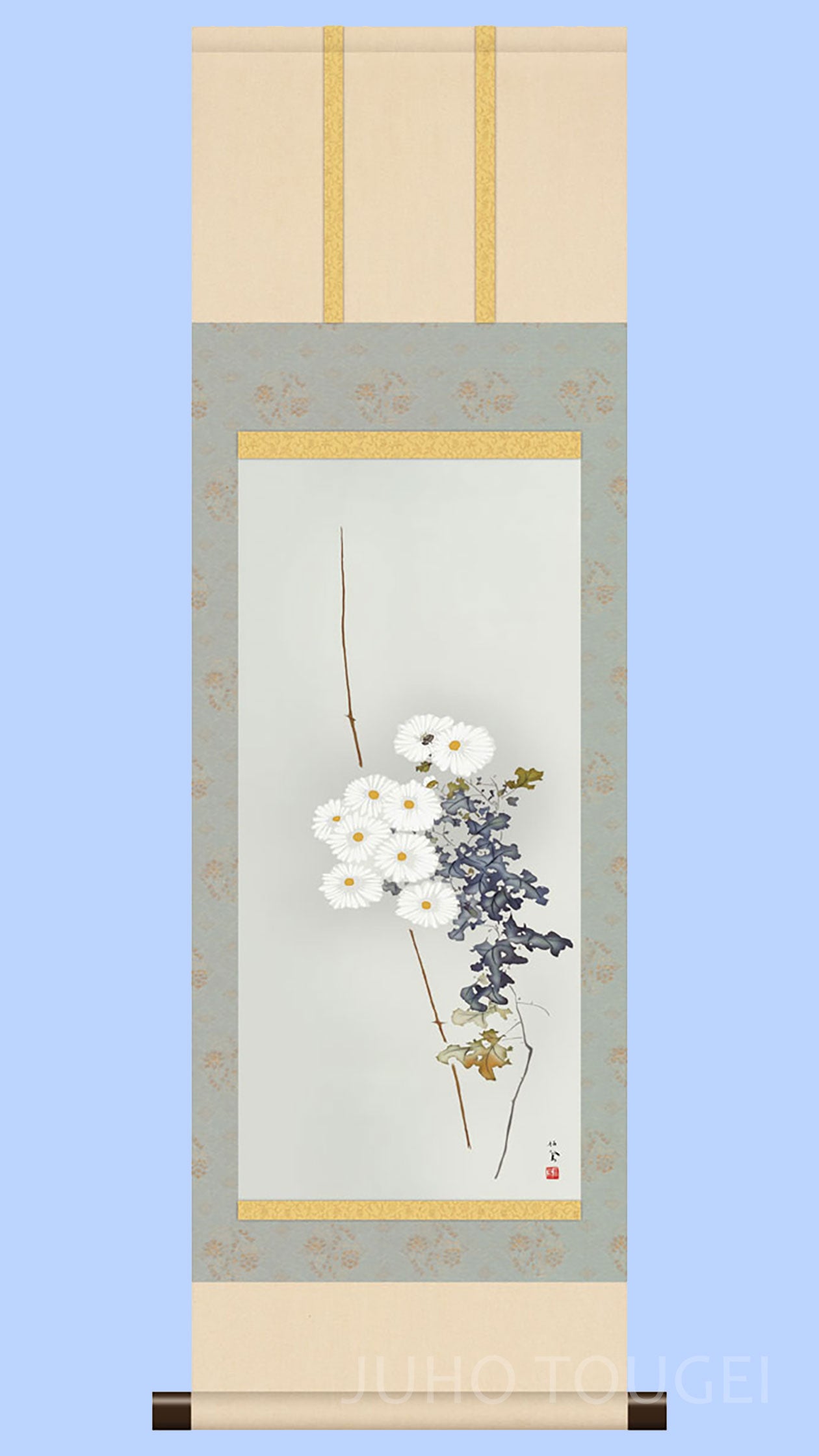 Takeuchi Seihō "White Chrysanthemums" Mini Hanging Scroll | Masterpiece Art Print