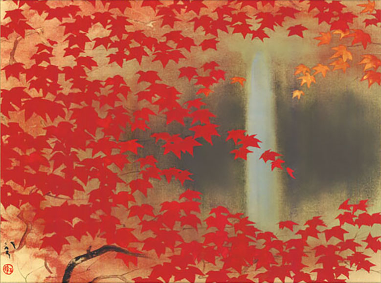 Kawabata Ryushi "Taki ni Momiji (Autumn Leaves by a Waterfall)" Mini Hanging Scroll | Masterpiece Art Print