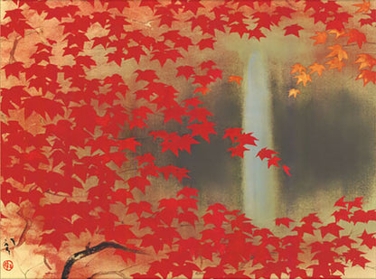 Kawabata Ryushi "Taki ni Momiji (Autumn Leaves by a Waterfall)" Mini Hanging Scroll | Masterpiece Art Print