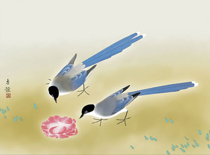 ミニ掛け軸　名画複製画　小林古径　尾長鳥