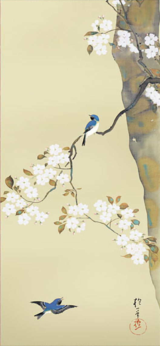 Sakai Hōitsu «Sakura ni Shōkin-zu (Fleurs de cerisier et petits oiseaux)» - Mini Kakemono | Reproduction d'Art