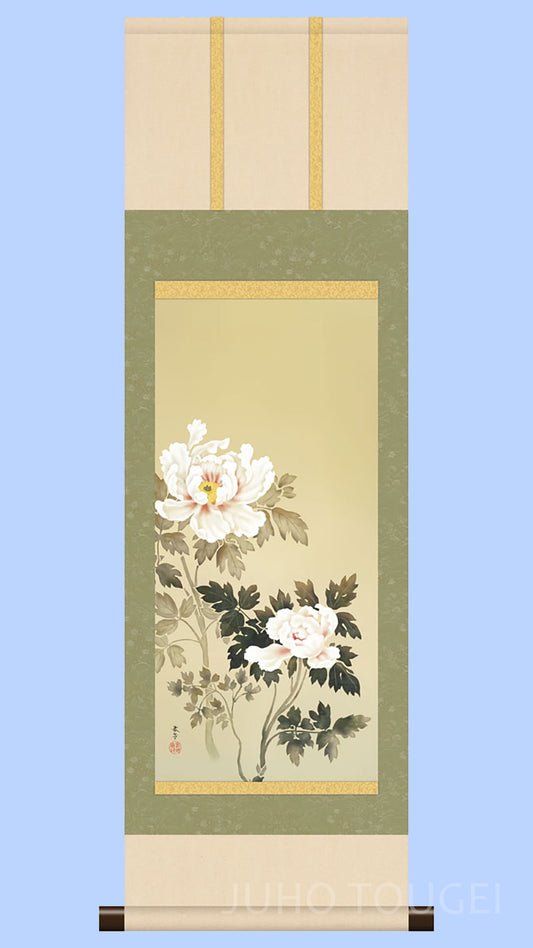 Hishida Shunsō "Asano Botan (Peonies in the Morning)" Mini Hanging Scroll | Masterpiece Art Print