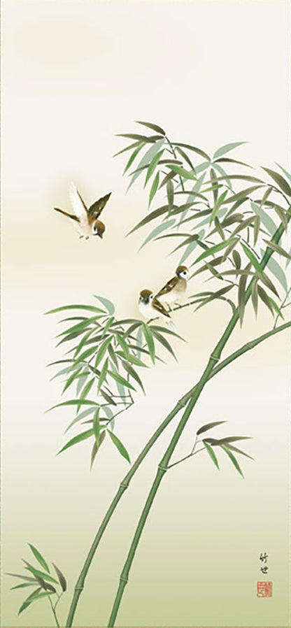 Kakejiku miniatures de fleurs et d’oiseaux - Take ni Suzume (Bambou et moineaux) par Tamura chikuse