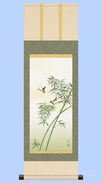 Kakejiku miniatures de fleurs et d’oiseaux - Take ni Suzume (Bambou et moineaux) par Tamura chikuse