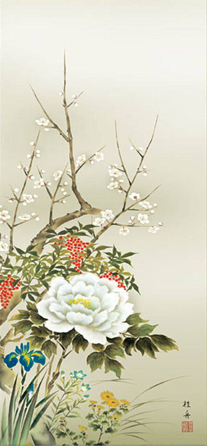 花鳥画掛け軸ミニ    四季花　長江桂舟