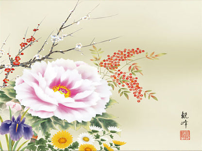 花鳥画掛け軸ミニ    四季花　山村観峰