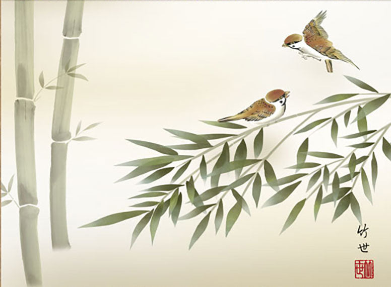 花鳥画掛け軸ミニ    竹に雀　田村竹世