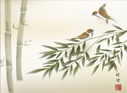 花鳥画掛け軸ミニ    竹に雀　田村竹世