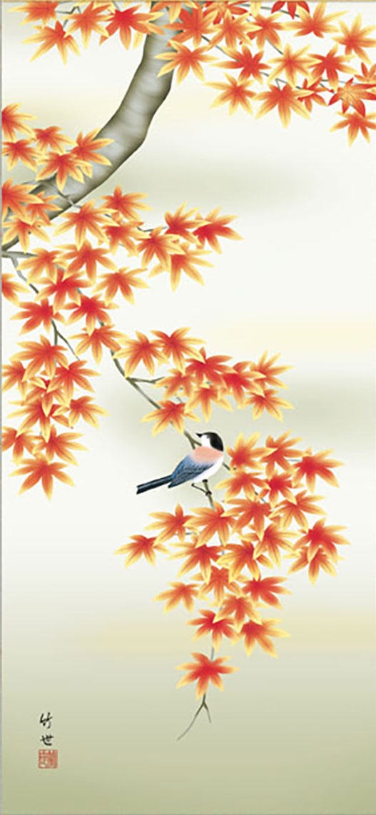 花鳥画掛け軸ミニ    紅葉に小鳥　田村竹世