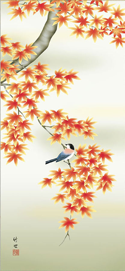 花鳥画掛け軸ミニ    紅葉に小鳥　田村竹世