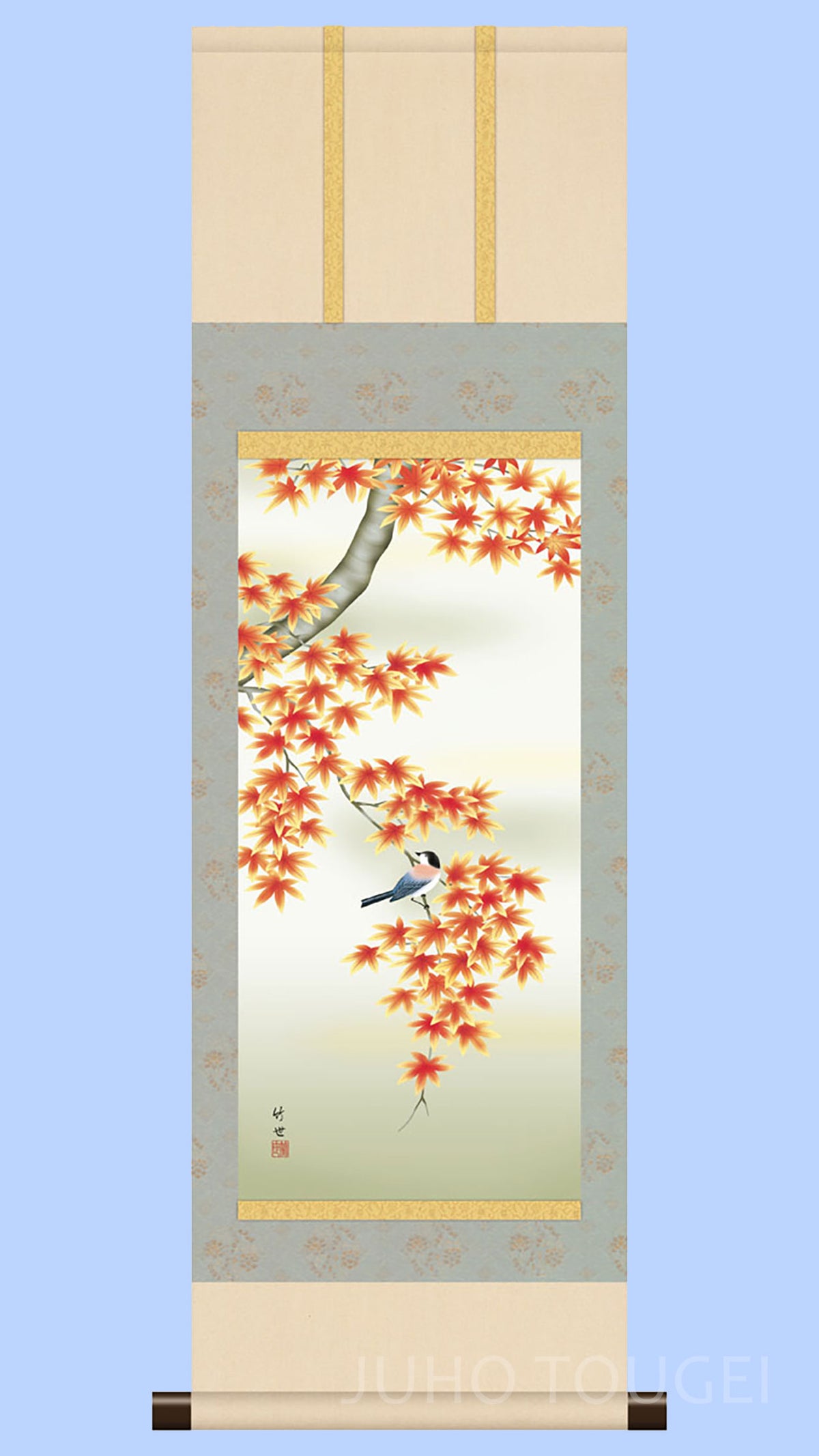 花鳥画掛け軸ミニ    紅葉に小鳥　田村竹世