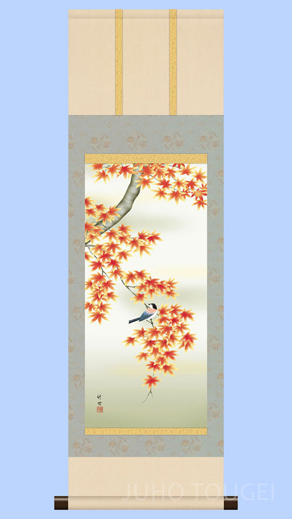 花鳥画掛け軸ミニ    紅葉に小鳥　田村竹世