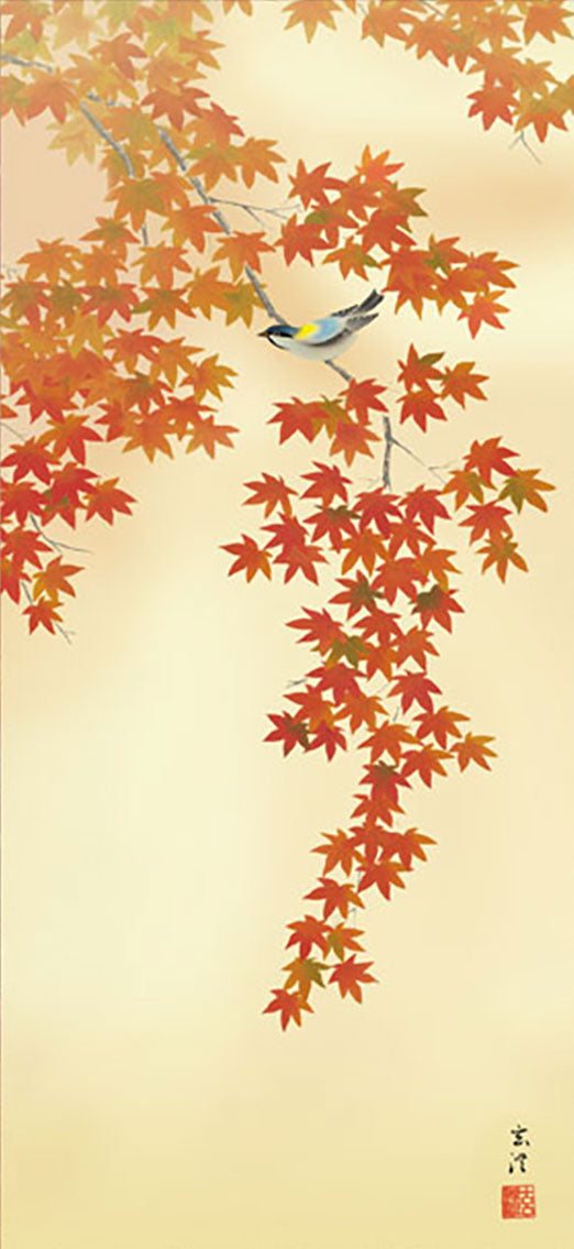 Mini Flower and Bird Painting Hanging Scroll – Japanese Maple and Small Bird by Shimizu Gencho