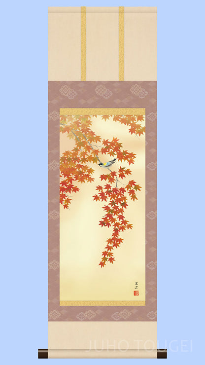 Mini Flower and Bird Painting Hanging Scroll – Japanese Maple and Small Bird by Shimizu Gencho