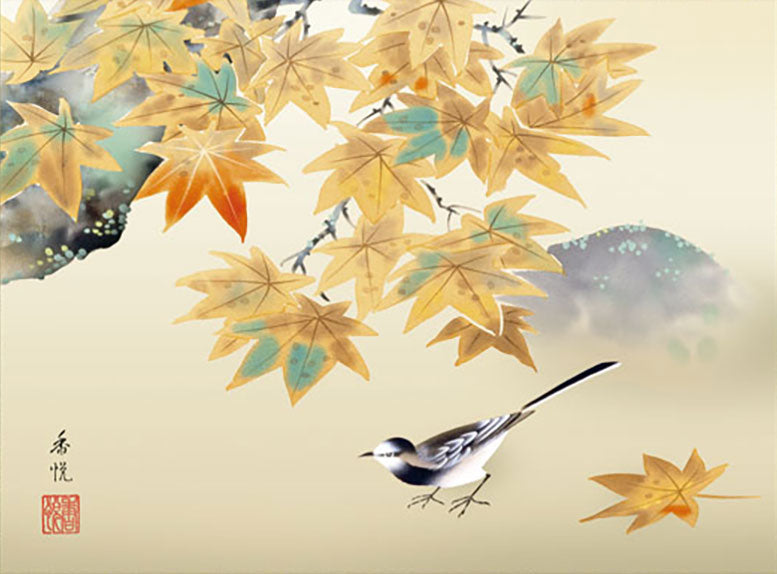 花鳥画掛け軸ミニ    紅葉に小鳥　西尾香悦