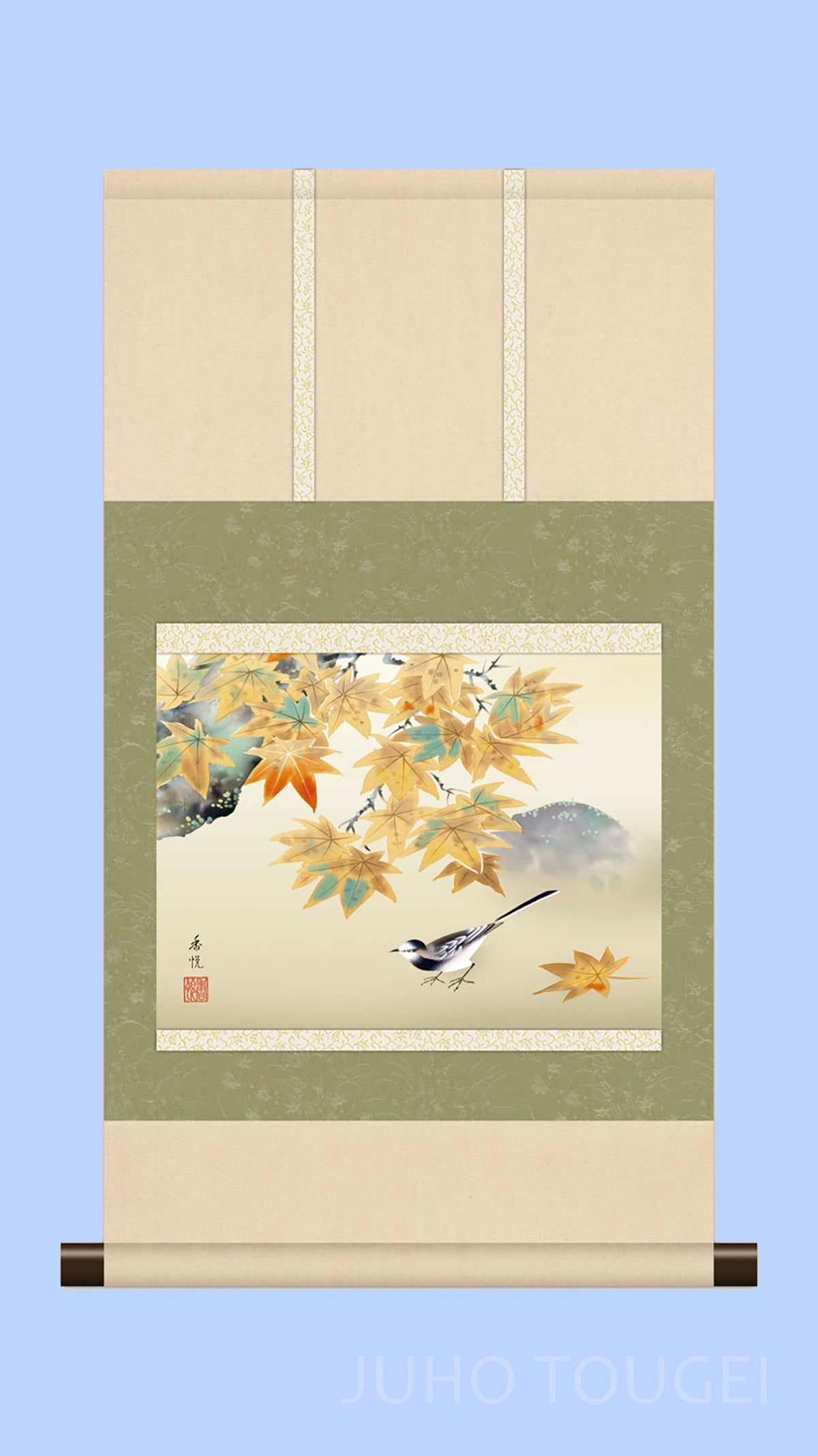花鳥画掛け軸ミニ    紅葉に小鳥　西尾香悦