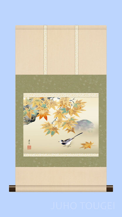 花鳥画掛け軸ミニ    紅葉に小鳥　西尾香悦