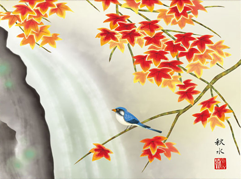 花鳥画掛け軸ミニ    紅葉に小鳥　浮田秋水