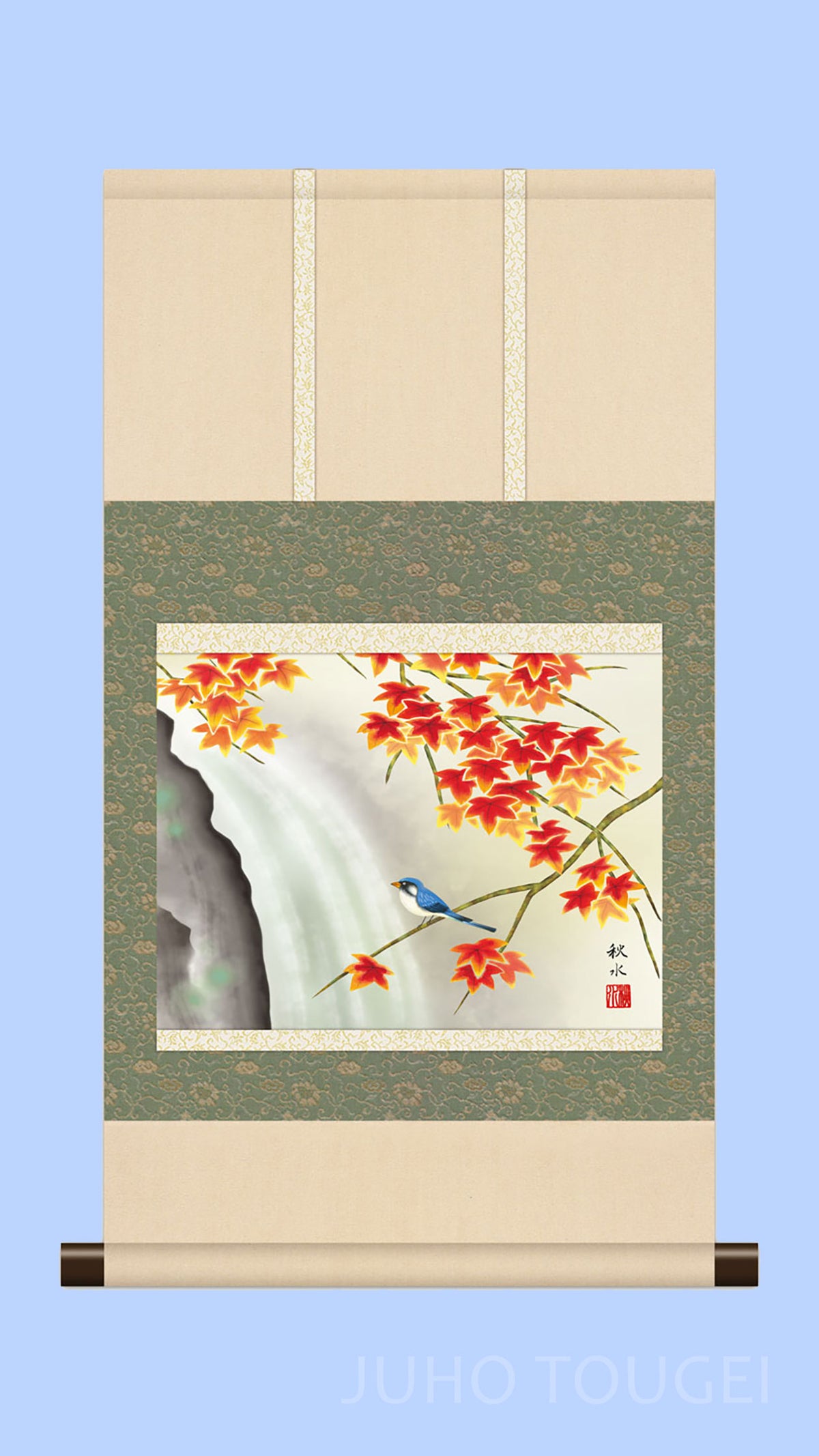 花鳥画掛け軸ミニ    紅葉に小鳥　浮田秋水