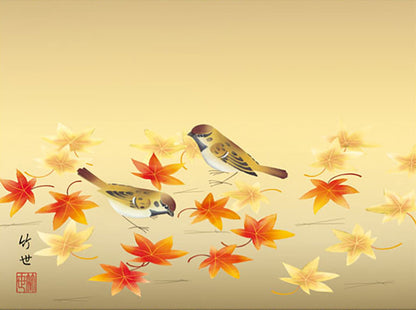 花鳥画掛け軸ミニ    紅葉　田村竹世