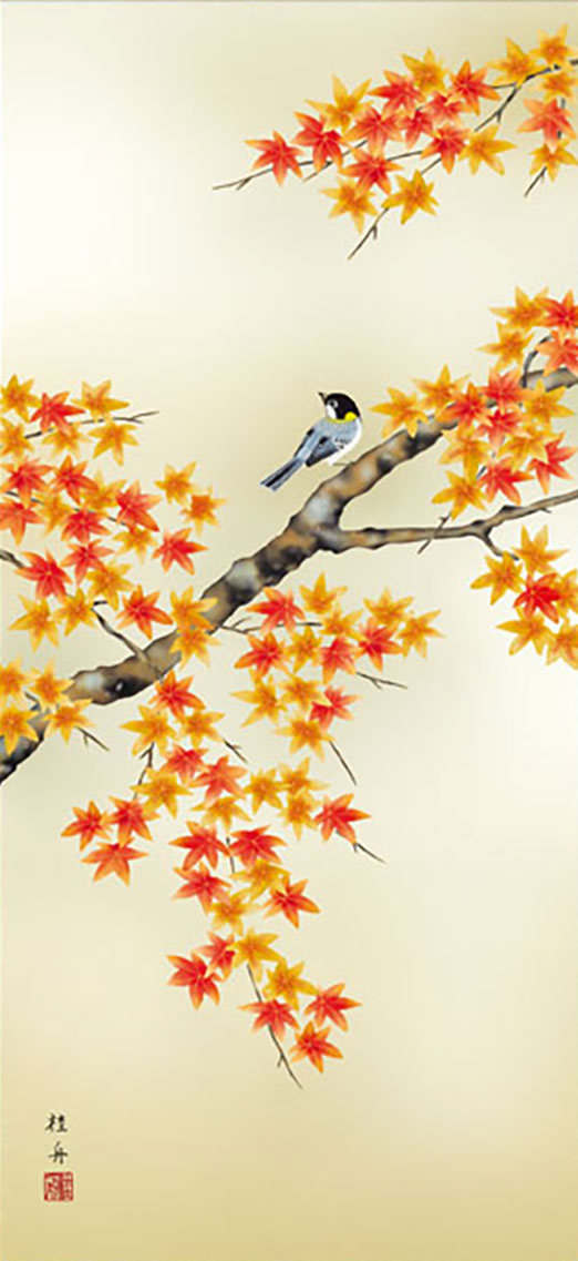 花鳥画掛け軸ミニ    紅葉に小鳥　長江桂舟