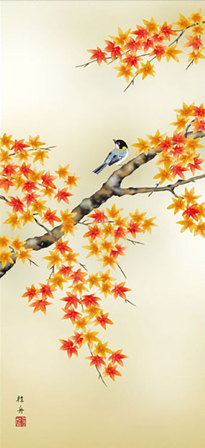 花鳥画掛け軸ミニ    紅葉に小鳥　長江桂舟