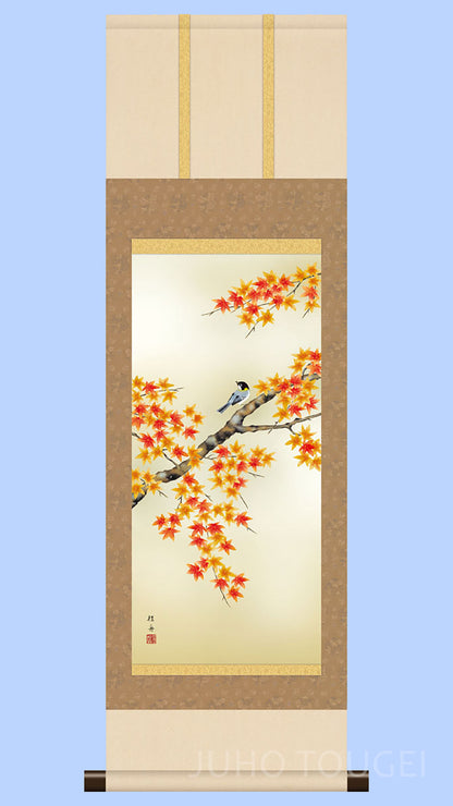 花鳥画掛け軸ミニ    紅葉に小鳥　長江桂舟
