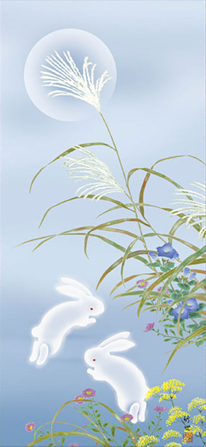 花鳥画掛け軸ミニ    秋草に兎　田村竹世