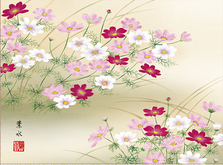 Mini Flower and Bird Painting Hanging Scroll – Cosmos Flowers by Ogata Yosui