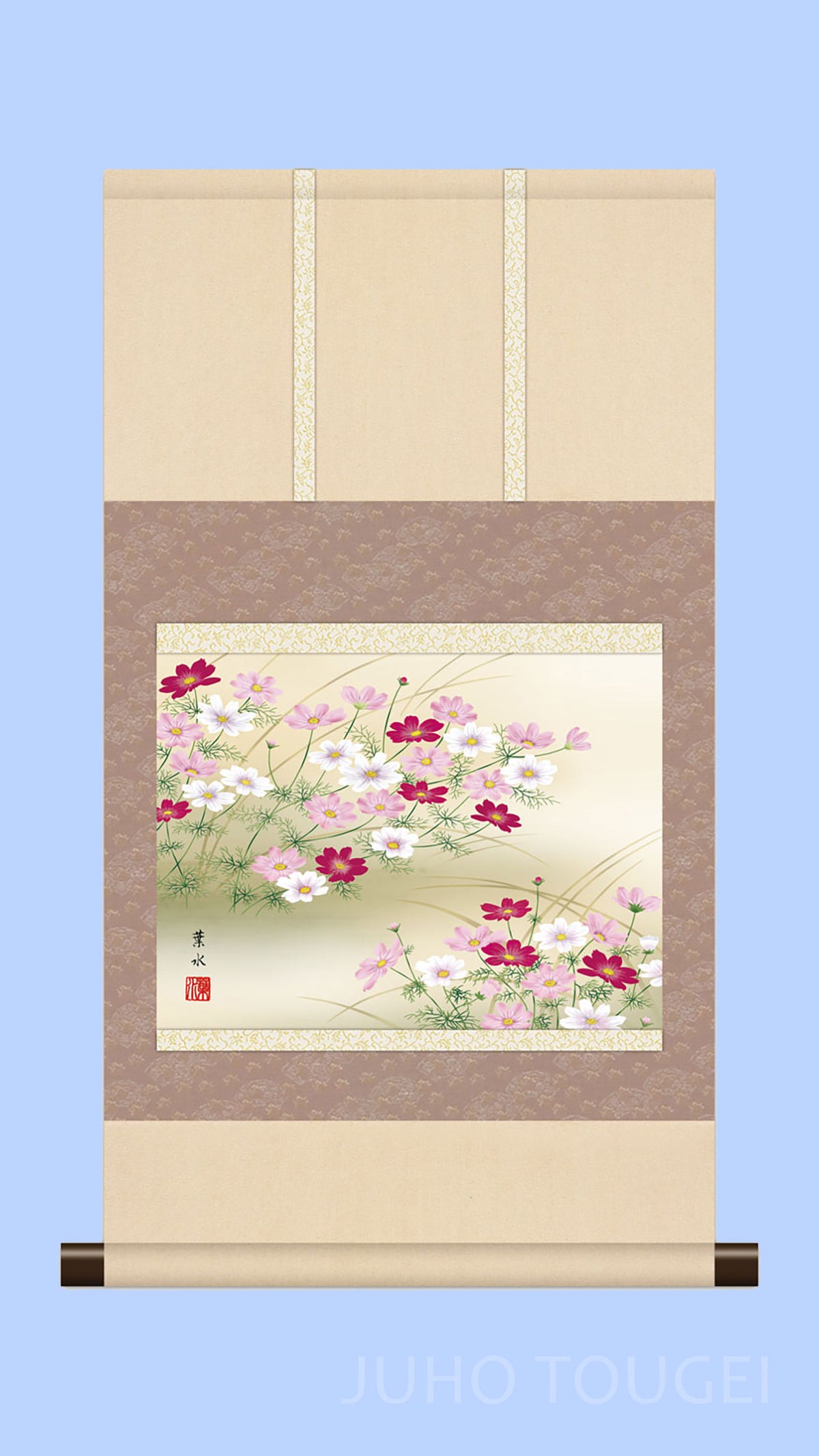 Mini Flower and Bird Painting Hanging Scroll – Cosmos Flowers by Ogata Yosui