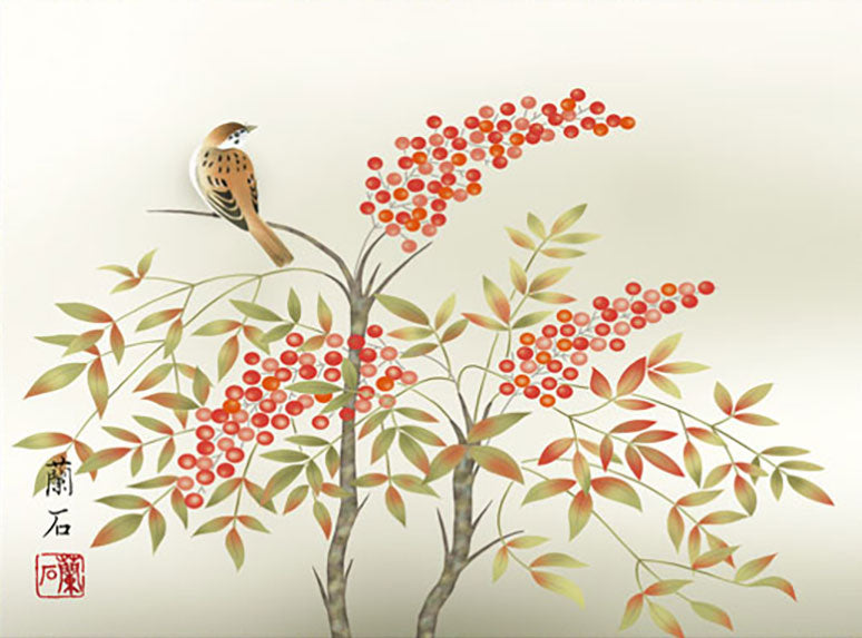 花鳥画掛け軸ミニ    南天に雀　高見蘭石
