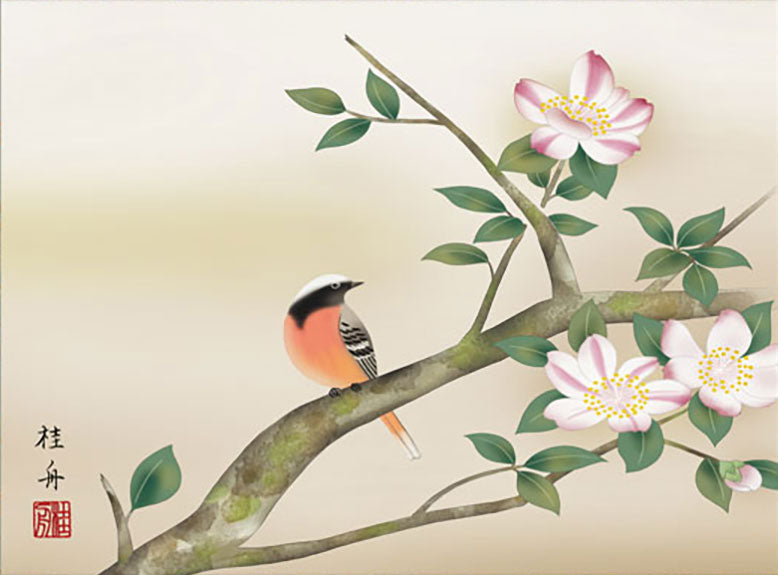 Mini Flower and Bird Painting Hanging Scroll – Sasanqua Camellia and Daurian Redstart by Nagae Keishu