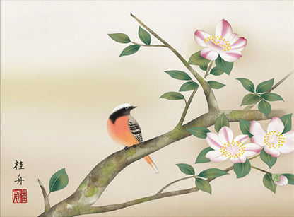 Mini Flower and Bird Painting Hanging Scroll – Sasanqua Camellia and Daurian Redstart by Nagae Keishu