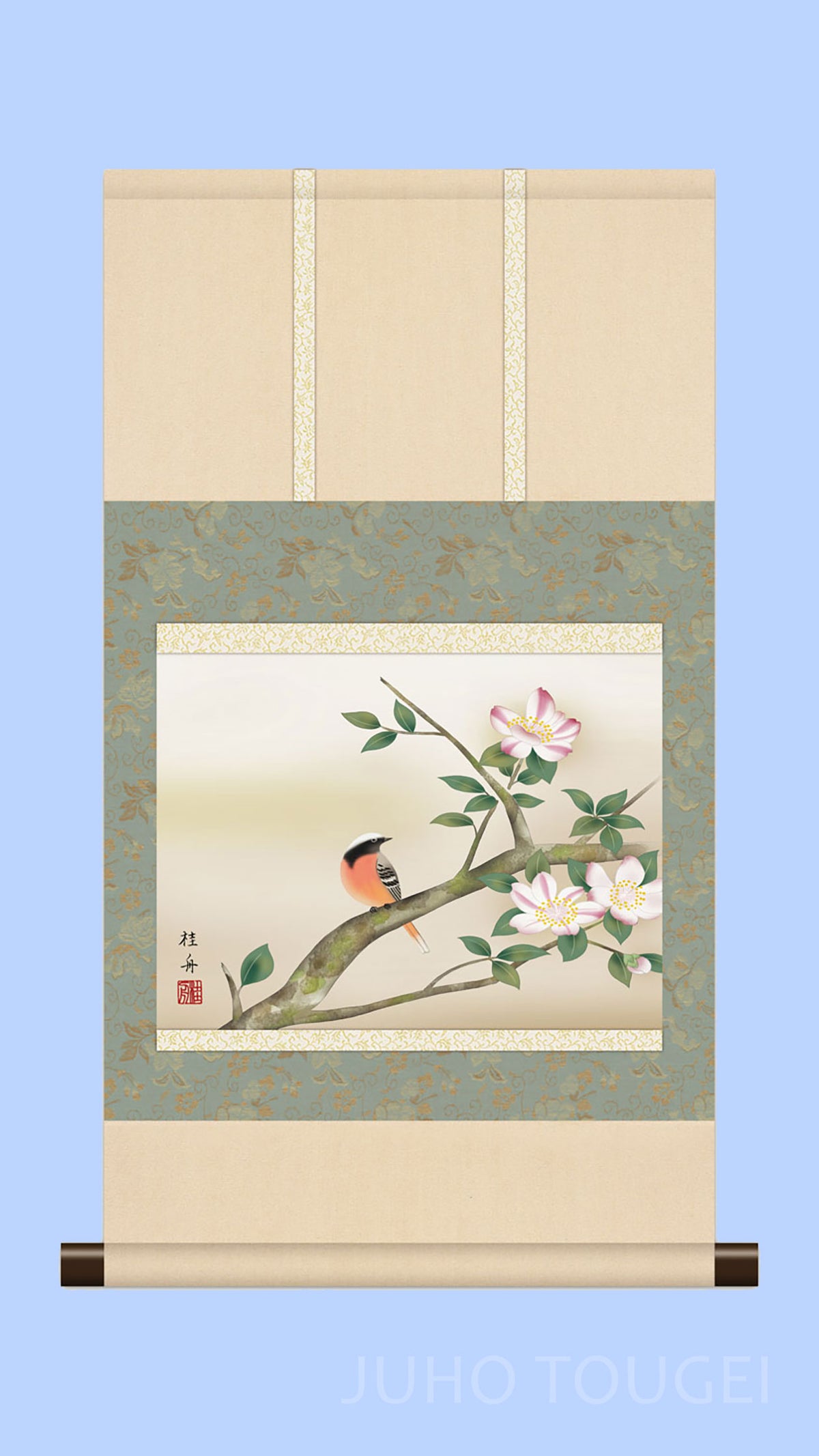 Mini Flower and Bird Painting Hanging Scroll – Sasanqua Camellia and Daurian Redstart by Nagae Keishu