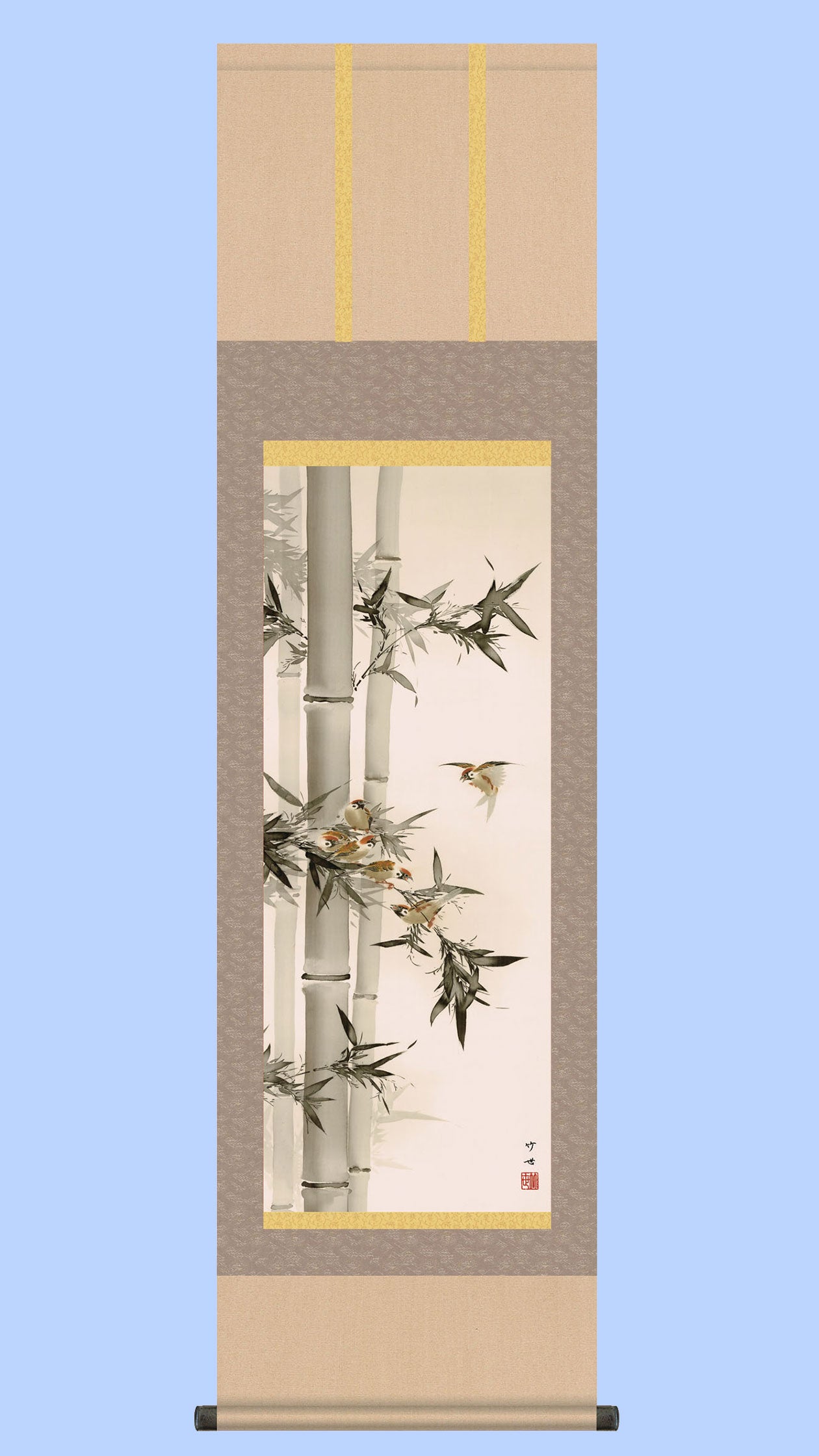 花鳥画掛け軸　竹に雀　田村竹世