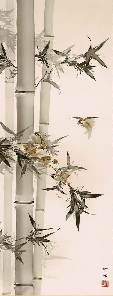 花鳥画掛け軸 竹に雀 田村竹世 – 寿鳳人形の東芸