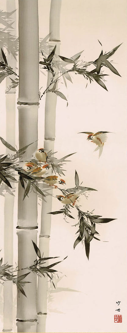 花鸟画挂轴：田村武代竹雀图