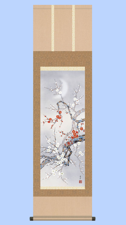 花鳥画掛け軸　月下紅白梅　清水玄澄