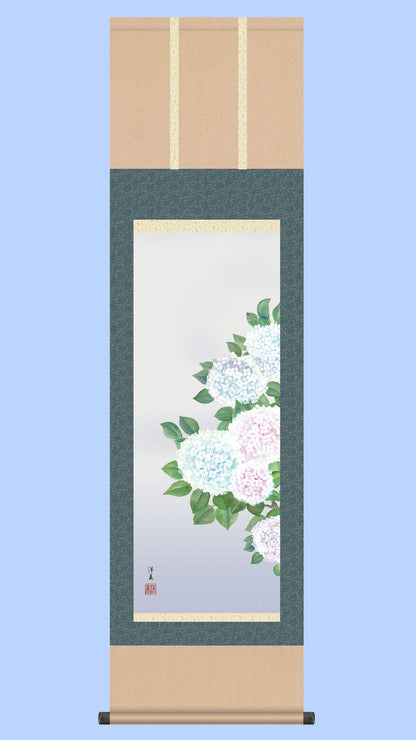 花鳥画掛け軸　紫陽花　上村洋美