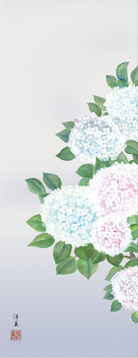Peinture de fleurs et d'oiseaux, rouleau suspendu d'hortensia par Hiromi Uemura